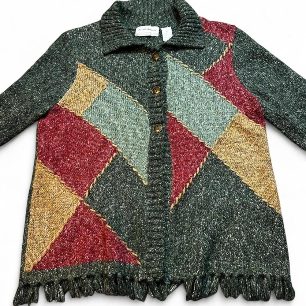 VTG knitted geometric fringe Alfred dunner‎ cardigan sweater size petite large